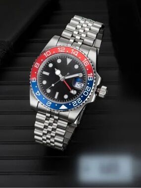 Stainless Steel GMT-Style Watch with Red and Blue Bezel